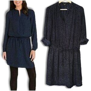 HILARY RADLEY Utility Sleeve Drop Waist Dress Navy Blue Tribal Geo Print Sz S